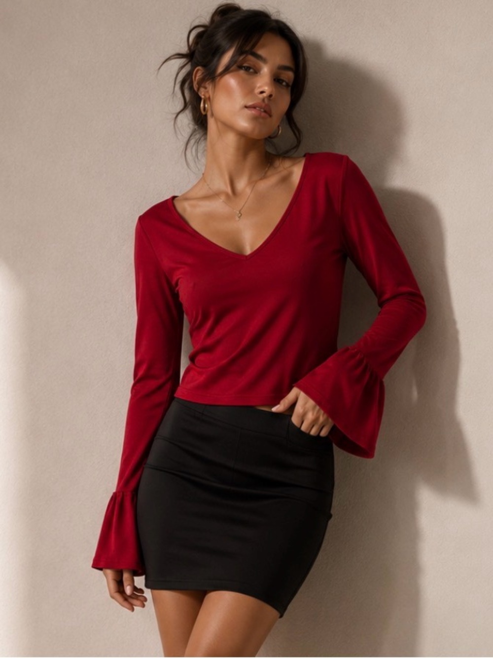 Elegant Red V-Neck Women's Top